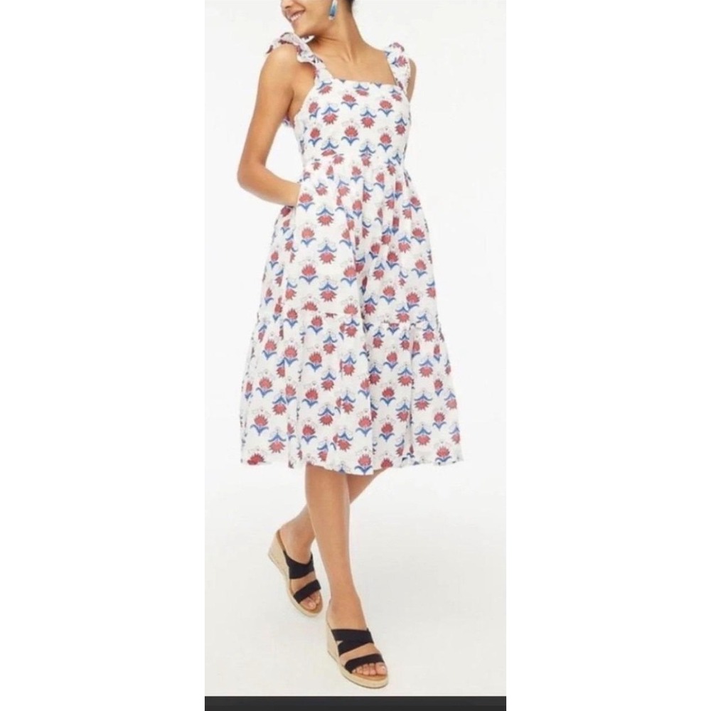 J.Crew Floral Block Print Ruffle Strap Smocked Tiered Midi Dress White Red 14